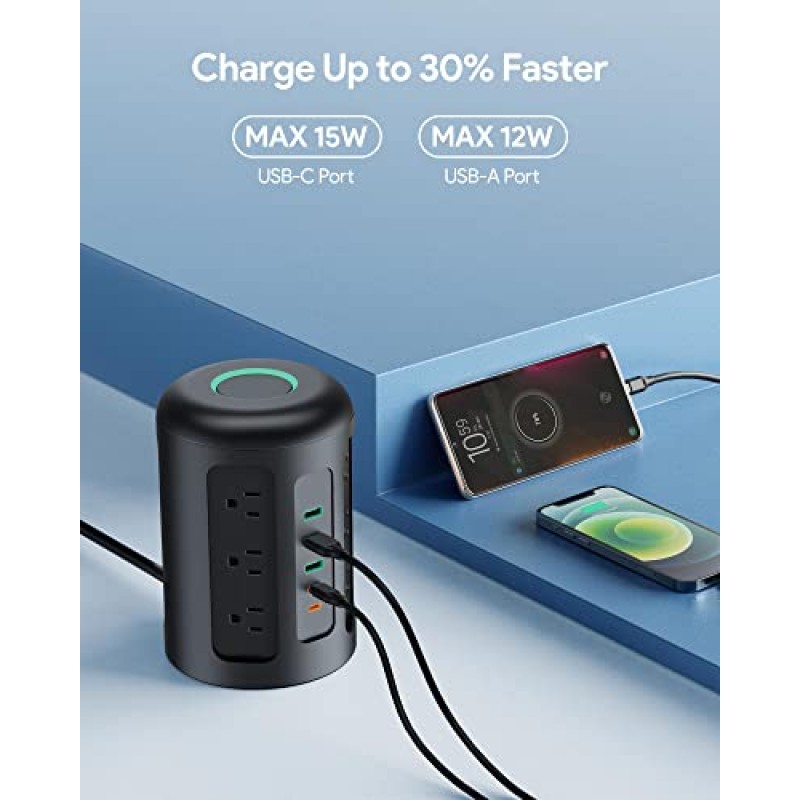 12개의 AC 콘센트가 있는 20W USB C 전원 스트립 타워, 1500J 서지 보호기, iPhone 14/13 시리즈용 충전 스테이션, 기숙사용 다중 콘센트가 있는 5FT 연장 코드, 가정/사무실 필수품, 검정색