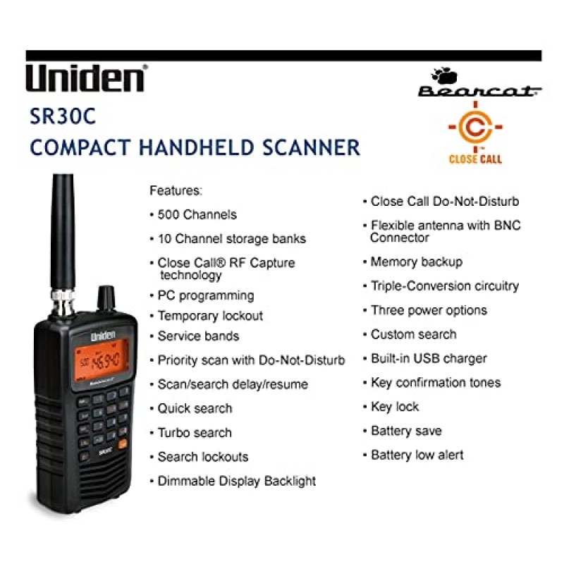 Uniden Bearcat SR30C, 500채널 소형 휴대용 스캐너, 근접 호출 RF 캡처, 터보 검색, PC 프로그래밍 가능, NASCAR, 레이싱, 항공, 해양, 철도 및 비디지털 경찰, 화재, 공공 안전