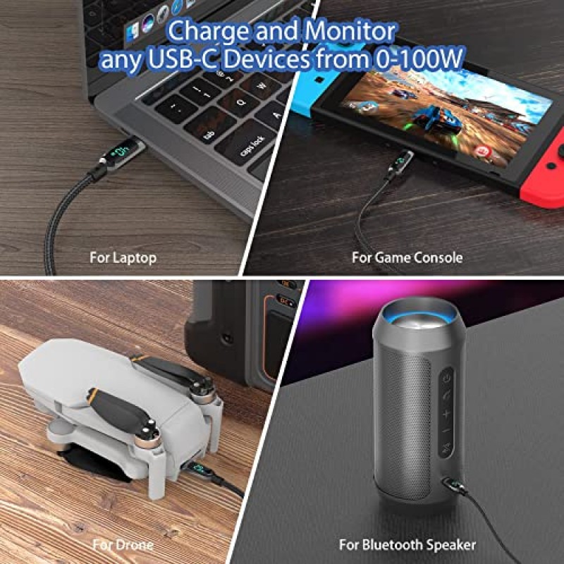 SOOPII 100W USB C - USB C 케이블,[10피트,2팩], lPhone 15/15 Pro/15 Plus, lPad Air, MacBook Pro, Samsung Galaxy S23/S22용 LED 디스플레이가 있는 나일론 편조 고속 충전 케이블(블랙)