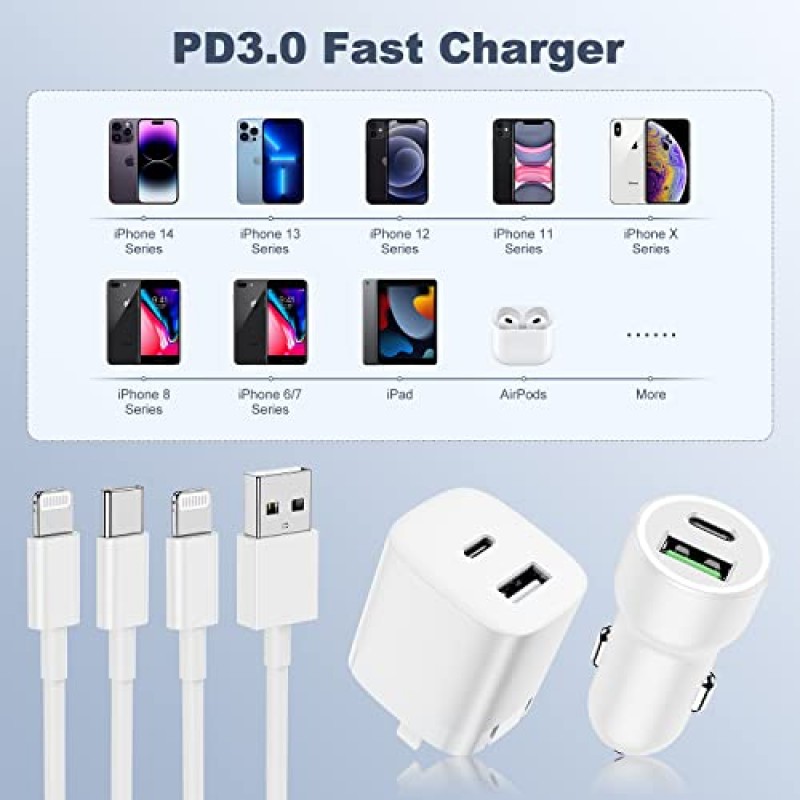 iPhone 14 13 접이식 듀얼 포트 고속 충전기, PD 20W USB C 벽면 충전기 블록 + 20W 차량용 충전기 어댑터(2팩 포함) [Apple MFi 인증] iPhone 14 13 12 11/iPad용 6피트 라이트닝 케이블 고속 충전