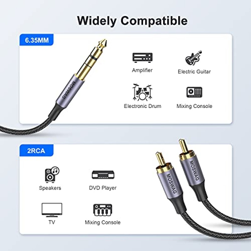 MOSWAG 1/4-RCA 케이블, 1/4인치 TRS-RCA 오디오 케이블 6.35mm 스테레오 잭-듀얼 RCA 삽입 케이블 Y 분배기 케이블