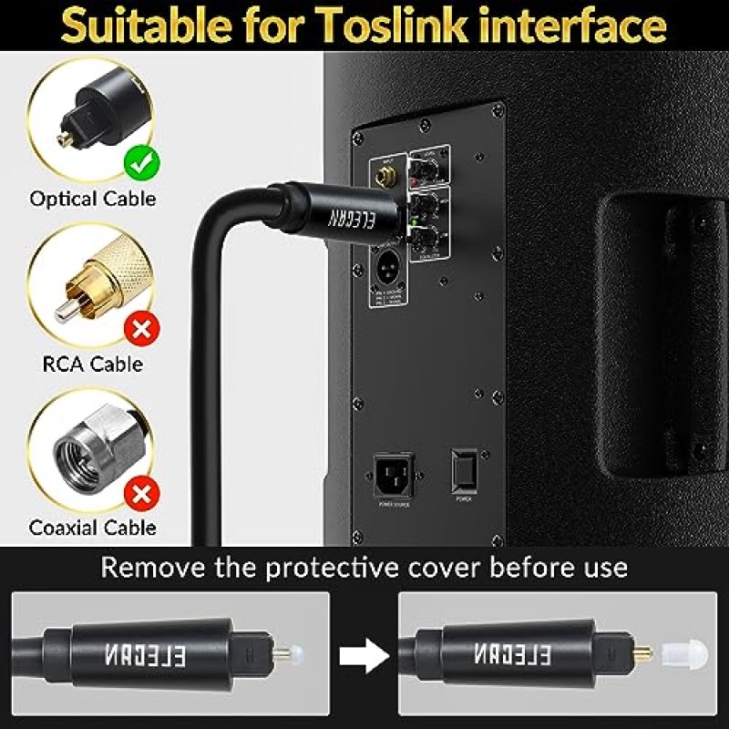 Elecan 광 오디오 케이블 12 Ft/2 팩 90도 직각 디지털 오디오 Toslink 케이블 코드 광섬유-금도금-유연성 및 내구성-홈 시어터, 사운드 바, PS4 및 Xbox 어댑터 + 타이 포함