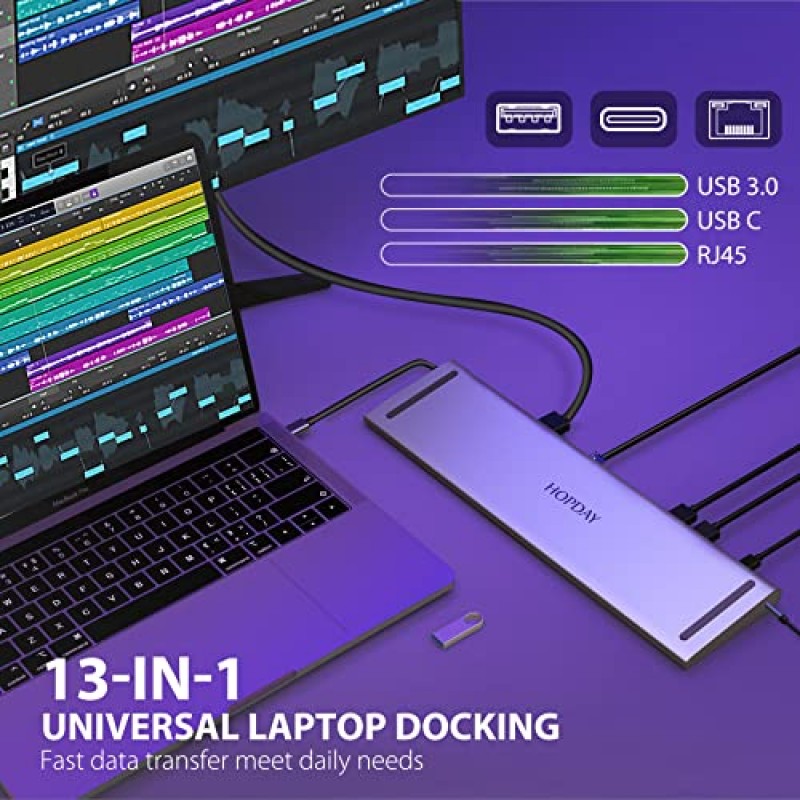 USB C 도킹 스테이션 HOPDAY 13-in-1 USB C 허브 트리플 디스플레이, 듀얼 4K-HDMI, VGA, 4 USB, PD, 기가비트 이더넷 RJ45, SD/TF 카드 리더기, MacBook/Dell/Surface용 3.5mm 오디오 노트북 도킹 스테이션 /HP