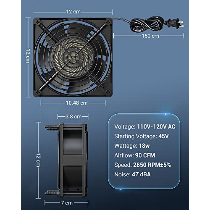 DEWENWILS 2 팩 120V AC 팬, 방수 배기 팬 120mm, 18W 2850RPM 90CFM, 냉장고, 컴퓨터 케이스, 압축기 엔진, 발전기, UL 등록용 DIY 냉각 팬