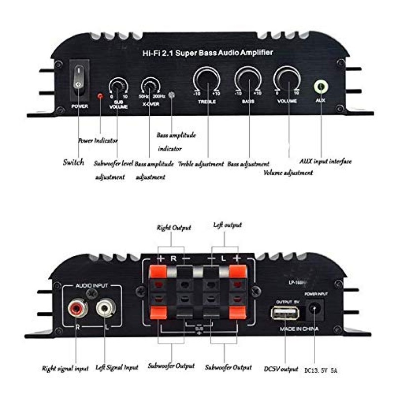 Eaglerich LP-168S 디지털 스테레오 전력 증폭기 오디오 2.1 채널 2x40W R/L 68Wx1 서브 우퍼 미니 앰프 RMS 출력 슈퍼베이스 Hi-Fi USB AUX