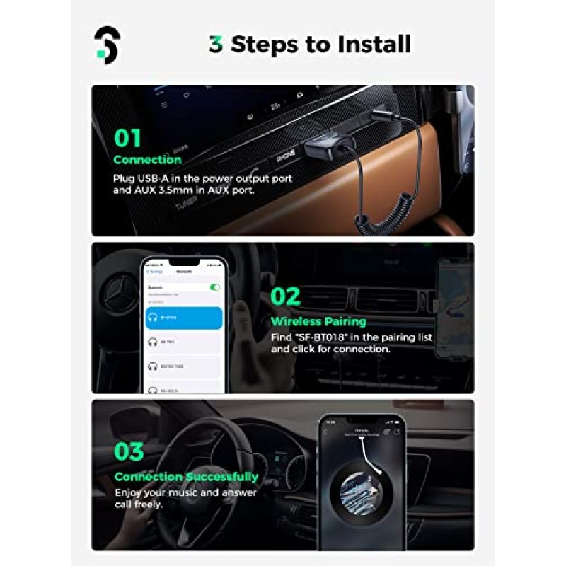 Bluetooth 5.3 차량용 어댑터, 더욱 강력해진 마이크 및 소음 차단 3.5mm Aux Bluetooth(마이크 내장 차량용) 차량용 스피커 및 홈 오디오와 호환되는 AUX 입력