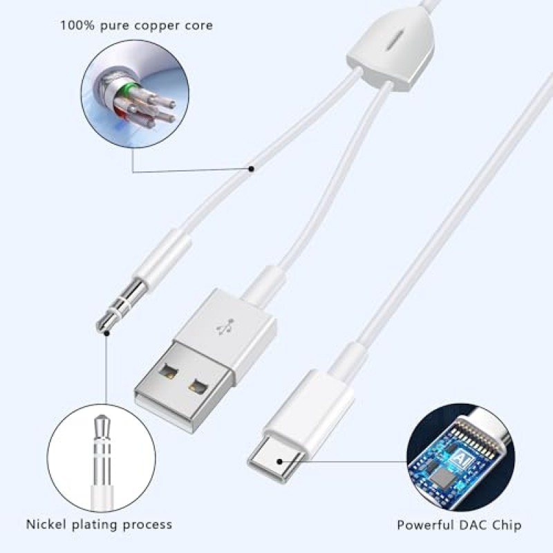 USB C ~ 3.5mm 차량용 Aux 케이블, USB C 충전 기능이 있는 2 in 1 USB C ~ 3.5mm 차량용 스테레오 Aux 헤드폰 잭 케이블 Galaxy S23/S22 Ultra/S21/S21FE/S20, Google Pixel 7/7Pro/6(안됨)과 호환 가능 아이폰 15의 경우)