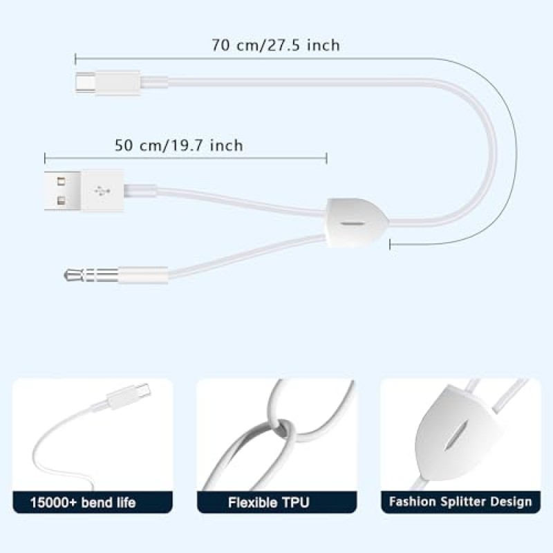 USB C ~ 3.5mm 차량용 Aux 케이블, USB C 충전 기능이 있는 2 in 1 USB C ~ 3.5mm 차량용 스테레오 Aux 헤드폰 잭 케이블 Galaxy S23/S22 Ultra/S21/S21FE/S20, Google Pixel 7/7Pro/6(안됨)과 호환 가능 아이폰 15의 경우)