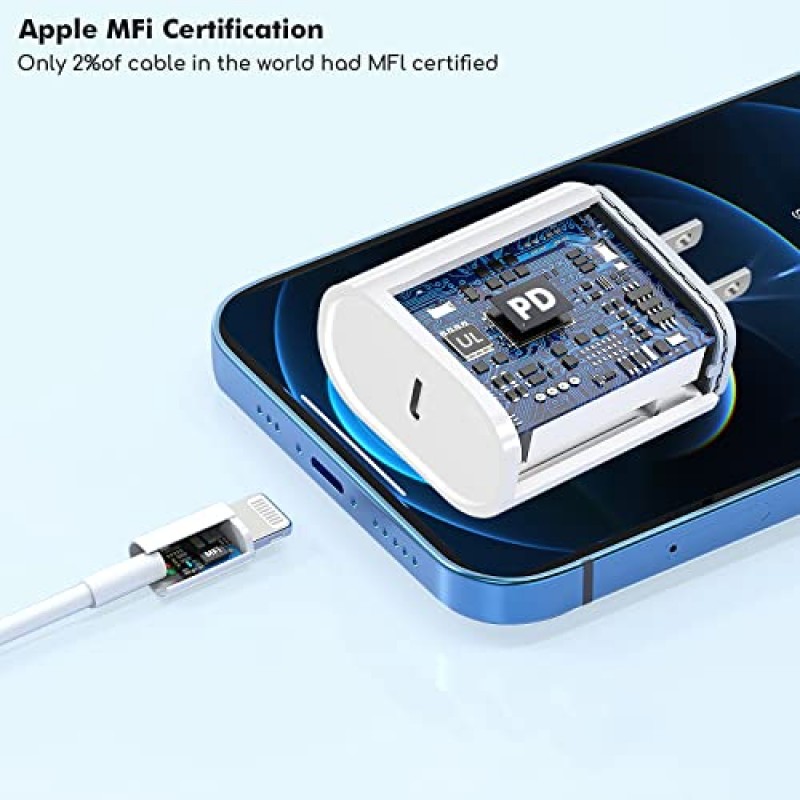 고속 iPhone 충전기, 10피트 긴 iPhone 고속 충전기 코드 Apple MFi 인증 Apple 어댑터 20W Type C USB C 벽면 충전기 블록 + iPhone 14/13/12/Pro/Max/SE/iPad와 호환되는 10피트 번개 케이블