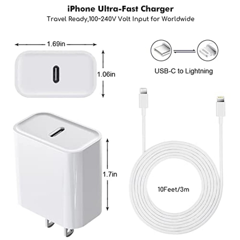 고속 iPhone 충전기, 10피트 긴 iPhone 고속 충전기 코드 Apple MFi 인증 Apple 어댑터 20W Type C USB C 벽면 충전기 블록 + iPhone 14/13/12/Pro/Max/SE/iPad와 호환되는 10피트 번개 케이블