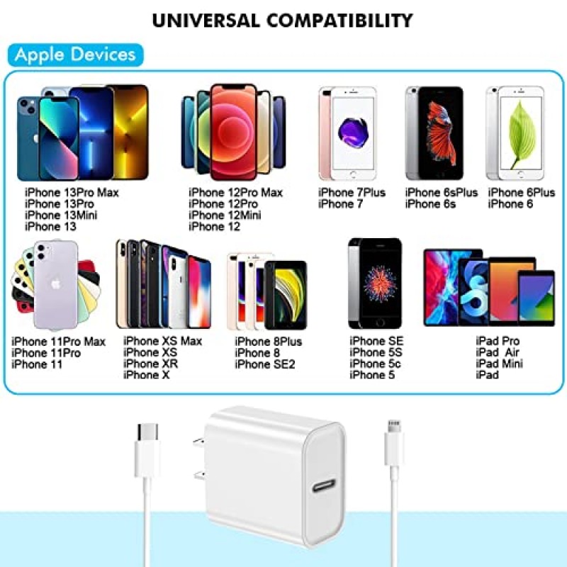 고속 iPhone 충전기, 10피트 긴 iPhone 고속 충전기 코드 Apple MFi 인증 Apple 어댑터 20W Type C USB C 벽면 충전기 블록 + iPhone 14/13/12/Pro/Max/SE/iPad와 호환되는 10피트 번개 케이블