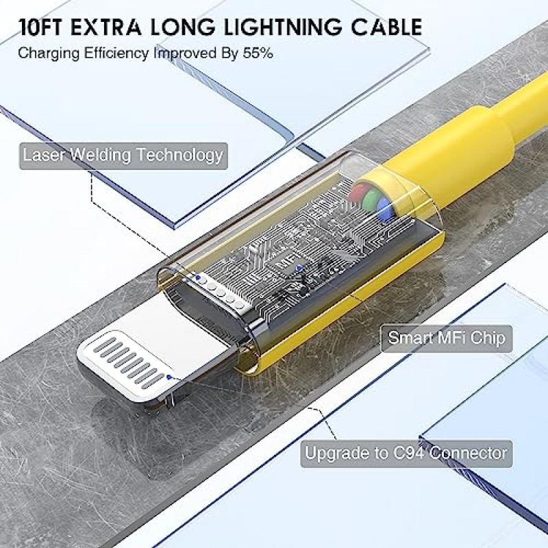 iPhone 14 13 충전기 고속 충전 케이블(10피트), Apple 고속 충전기 코드(20W 충전기 블록 포함), USB C-Lightning 케이블(iPhone 14 Pro Max/13/12/11/XS/SE/iPad/AirPods-노란색)