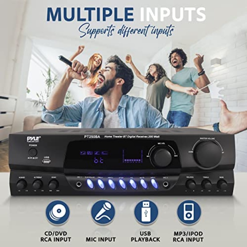 Pyle 무선 Bluetooth 전력 증폭기 시스템, 최대 200W, FM/USB, 마이크 입력, RCA 입력, 에코 및 2밴드 EQ 제어, 디지털 디스플레이 화면을 갖춘 홈 시어터 오디오 스테레오 수신기 박스 - PT250BA