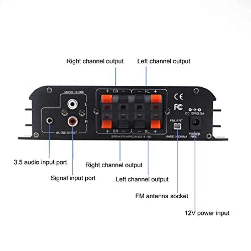 Etlephe S-288 4 채널 Bluetooth 5.0 홈 오디오 증폭기, 50Wx4, 최대 1200W HiFi 스테레오 전력 증폭기 홈 시어터 가라오케용 USB, SD, FM 클래스 D 스피커 앰프, 전원 어댑터 및 리모컨 포함