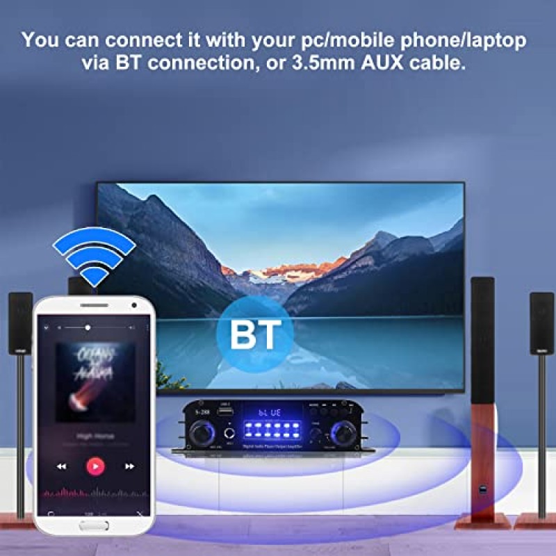 Etlephe S-288 4 채널 Bluetooth 5.0 홈 오디오 증폭기, 50Wx4, 최대 1200W HiFi 스테레오 전력 증폭기 홈 시어터 가라오케용 USB, SD, FM 클래스 D 스피커 앰프, 전원 어댑터 및 리모컨 포함