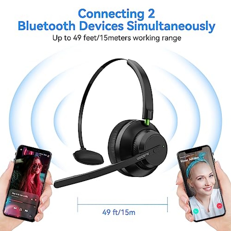 AUSDOM Trucker Bluetooth 헤드셋(마이크 포함): A2301 무선 5.2 온이어 헤드셋(AI 소음 차단 마이크 및 음소거 버튼 포함), 홈 오피스 콜센터 휴대폰 노트북에서 업무를 위한 50시간 재생 시간