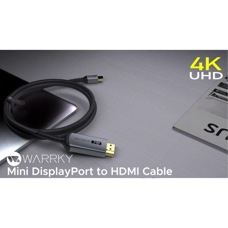 Warrky 4K Mini DisplayPort-HDMI 케이블【알루미늄 쉘, 나일론 편조】 UHD Thunderbolt-HDMI 코드, Mini DP-HDMI 3.3피트, MacBook Air/Pro, Surface Pro/모니터/TV/프로젝터와 호환 가능