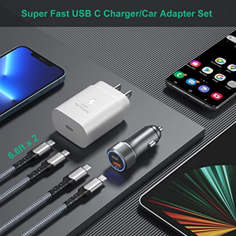 USB C 초고속 차량용 충전기 키트, Samsung Galaxy S23 Ultra/S22/S21 Plus/S20 FE, Note 20/A14/A54/A71/iPad Pro/Air(6.6ft USB C 2개 포함)용 Bangfun 25W PD PPS Type C 고속 충전 블록 C 케이블(흰색)