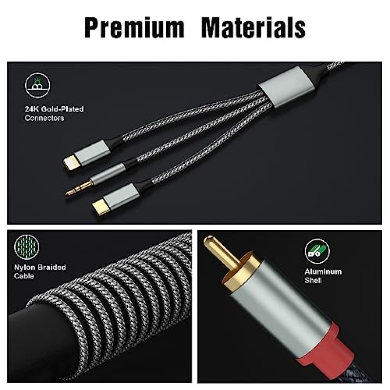 Lightning-RCA 케이블 오디오 Aux 어댑터, RCA-3.5mm 케이블, USB C-2 RCA 오디오 케이블, (3 in 1 오디오 케이블) 전력 증폭기, 자동차, 홈 시어터, 스피커 등(번개 호환 가능)