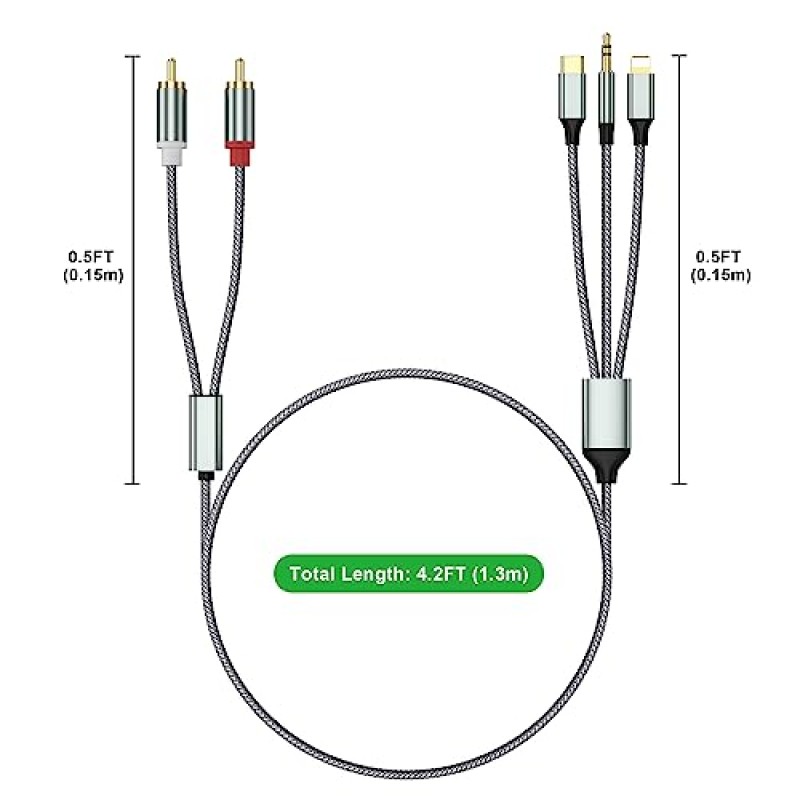 Lightning-RCA 케이블 오디오 Aux 어댑터, RCA-3.5mm 케이블, USB C-2 RCA 오디오 케이블, (3 in 1 오디오 케이블) 전력 증폭기, 자동차, 홈 시어터, 스피커 등(번개 호환 가능)