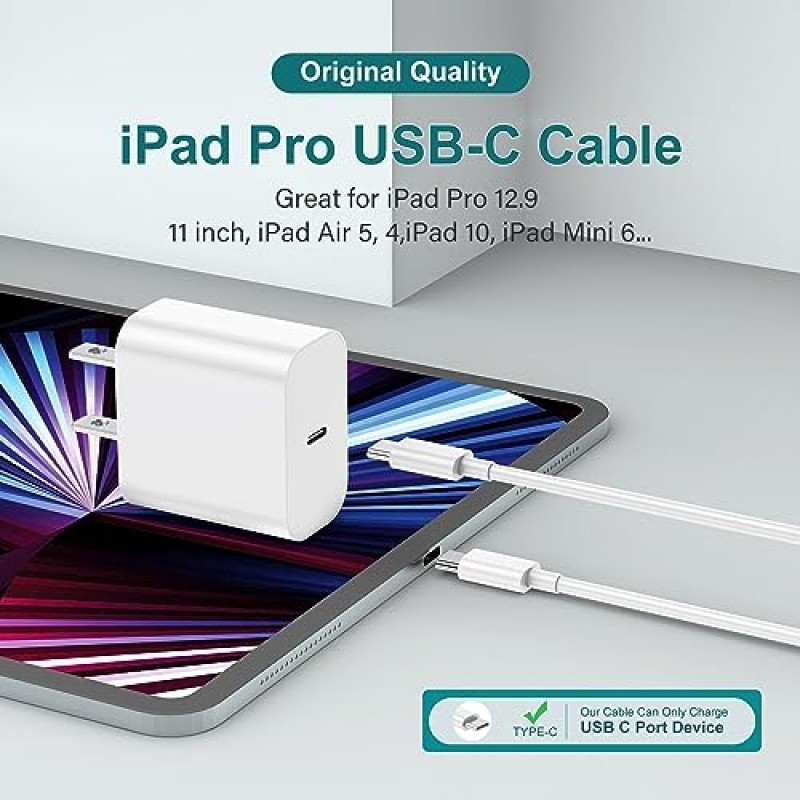 Apple USB C-USB C 충전 케이블 3팩 6피트 60W, 긴 Apple Type C 충전 케이블 MacBook Pro 2020/2019, iPhone 15 Pro Max, iPad Pro12.9/11, iPad Mini 6, iPad Air 4/5용 고속 충전 코드 , 하얀색