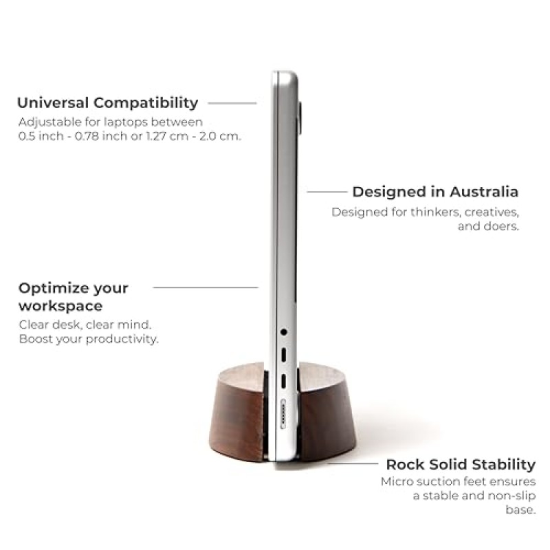 Nordik 수직형 노트북 스탠드 - 호두 - 홈 오피스, 소프트웨어 엔지니어를 위한 프리미엄 노트북 도크 및 홀더 - Mac 사용자 및 노트북 사용자를 위한 공간 절약형 데스크 도크 - 안정적인 미끄럼 방지 목재 스탠드