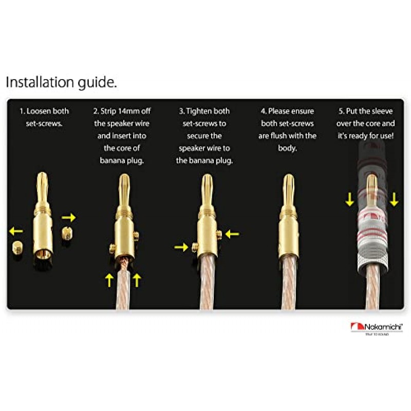 Nakamichi Excel 시리즈 24k 금도금 바나나 플러그 12 AWG - 18 AWG 스피커 증폭기용 게이지 크기 4mm Hi-Fi AV 수신기 스테레오 홈 시어터 라디오 오디오 와이어 케이블 나사 커넥터 8개(4쌍)