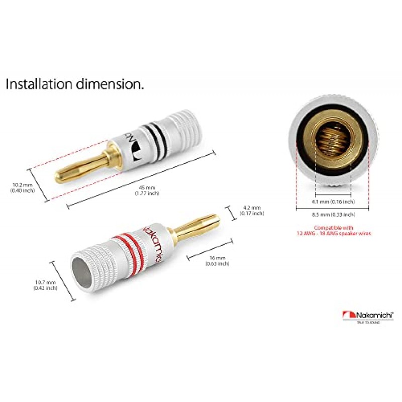 Nakamichi Excel 시리즈 24k 금도금 바나나 플러그 12 AWG - 18 AWG 스피커 증폭기용 게이지 크기 4mm Hi-Fi AV 수신기 스테레오 홈 시어터 라디오 오디오 와이어 케이블 나사 커넥터 8개(4쌍)