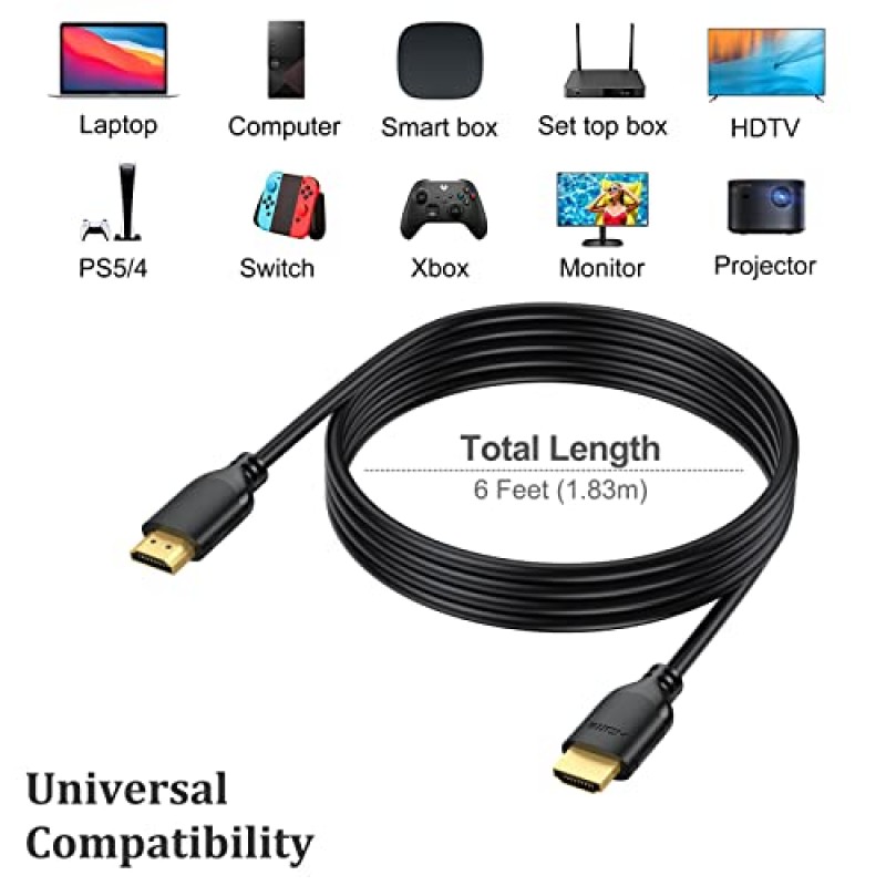 UVOOI 4K HDMI 케이블 6FT 2팩, HDMI-HDMI 케이블 6피트 고속 HDMI 2.0 코드는 4K@60Hz, 2K 1440P@144Hz, 1080P, HDCP 2.2, HDR, 3D, ARC 및 이더넷을 지원합니다.