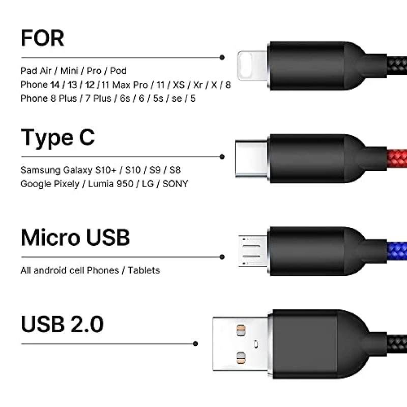 Laugwey 다기능 USB 충전 케이블 세트, 3팩 3 in 1 나일론 편조 코드, 가정용, 사무실, 자동차용 다중 고속 충전기 코드