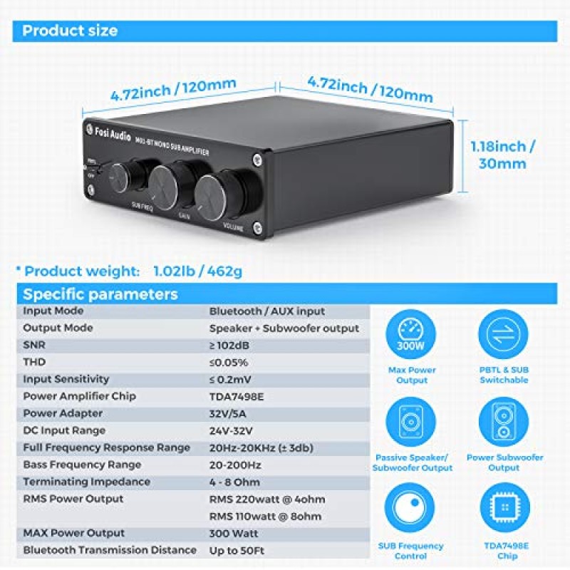 Fosi Audio M01-BT Bluetooth 5.0 300W 서브우퍼 증폭기 홈 시어터 패시브 서브우퍼 스피커용 베이스 게인 제어 기능이 있는 전주파 미니 스테레오 오디오 Hi-Fi 모노 파워 앰프 베이스 셰이커