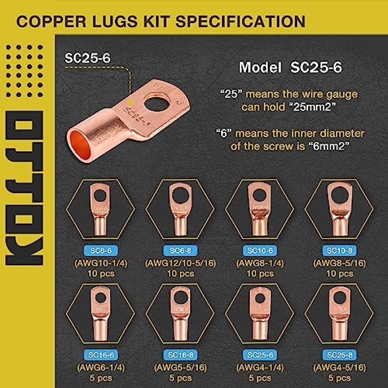 KOTTO 배터리 케이블 크림프 120개, AWG 4/6/8/10/12 게이지 터미널, 1/4 및 5/16