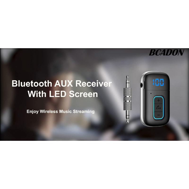 Bluetooth AUX 수신기, [LED 스크린] HiFi 마이크 내장 차량용 어댑터, 차량용 5.0/홈 스테레오/유선 헤드폰/스피커, 이중 연결/15H 배터리 수명