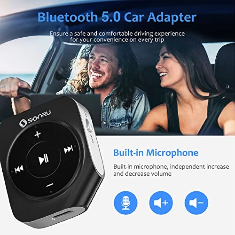 SONRU 차량용 Bluetooth Aux 어댑터, 무선 오디오 수신기 어댑터 홈 스테레오/핸즈프리 통화/유선 헤드폰/유선 스피커용 소음 차단 Bluetooth 5.0 수신기, 16시간 배터리 수명