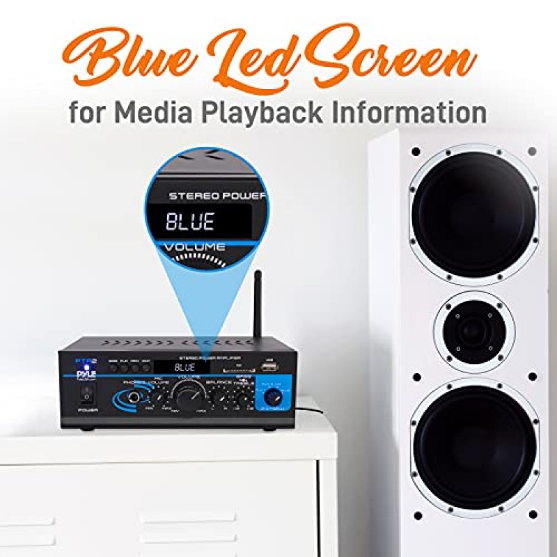 Pyle 홈 오디오 전력 증폭기 시스템 - 2X40W Bluetooth 미니 듀얼 채널 믹서 사운드 스테레오 수신기 상자(AUX, 마이크 입력 포함) - 증폭 스피커, PA, CD 플레이어, RCA를 통한 극장, 스튜디오 사용 - PTA2