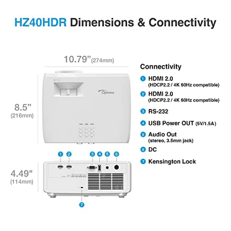 Optoma HZ40HDR 소형 장거리 레이저 홈 시어터 및 게임 프로젝터, 4K HDR 입력을 갖춘 1080p HD, 주야간 시청을 위한 고휘도 4,000루멘