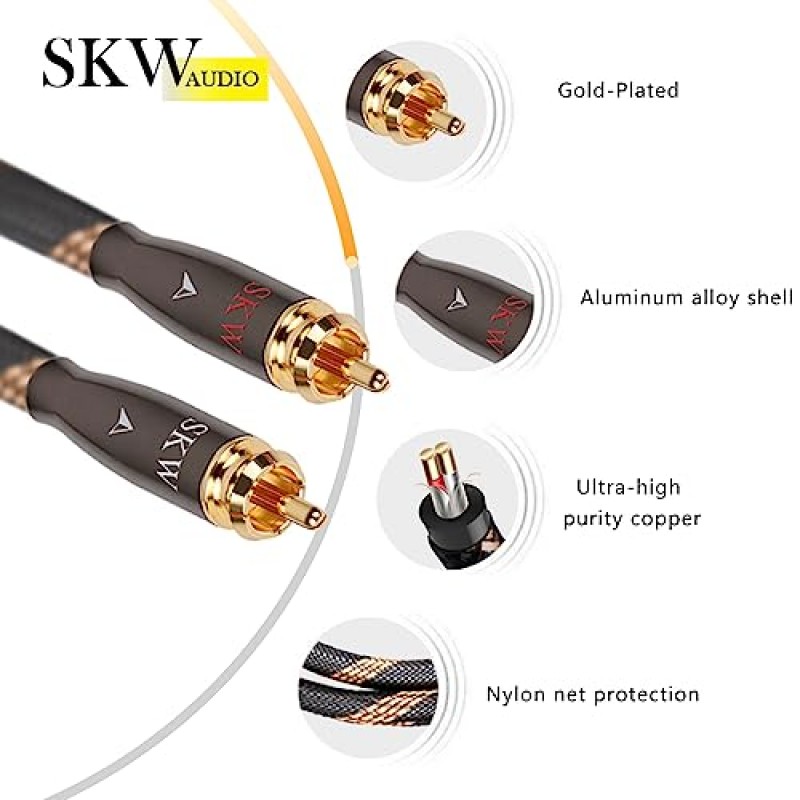 SKW Audiophiles RCA 케이블 2RCA 남성 - 2RCA 남성 HiFi 시스템 상호 연결 케이블, 직경 7mm(3.2ft/1M, 검정색, 나일론)