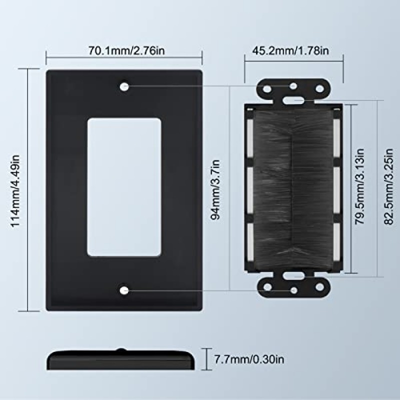VCE 브러시 월 플레이트 5팩, 전선용 UL 인증 케이블 패스스루 인서트, 단일 갱 케이블 액세스 스트랩, HDTV용 벽면 소켓, 홈 시어터 시스템 - 검정색