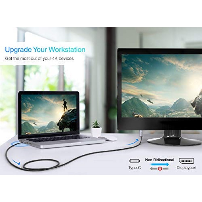 홈 오피스용 BlueRigger USB C-DisplayPort 케이블(10FT, 4K 60Hz, Thunderbolt 4, Type C, Type-C) USB-C-DP 케이블 VR 헤드셋, MacBook Pro/Air iPad Pro, Galaxy, imac, Surface Book과 호환 가능