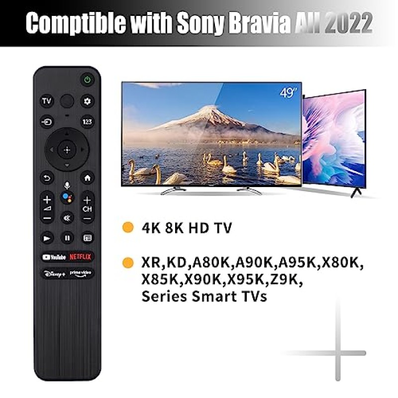 Sony A80K X80K X95K X90K X85K 시리즈 스마트 TV(2022)와 호환되는 대체 음성 리모컨