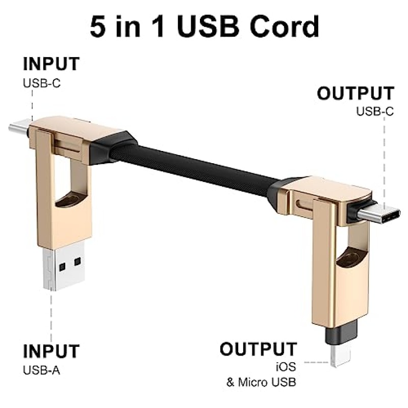 여행용 멀티 충전 케이블 짧은 휴대용 자기 열쇠 고리 4 in 1 고속 충전기 코드, PD 60W USB A/C - Type C/iPhone iPad MacBook Galaxy Power Bank(골든)용 조명 케이블