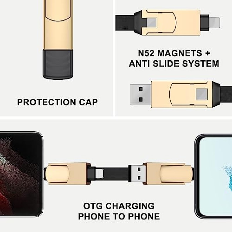 여행용 멀티 충전 케이블 짧은 휴대용 자기 열쇠 고리 4 in 1 고속 충전기 코드, PD 60W USB A/C - Type C/iPhone iPad MacBook Galaxy Power Bank(골든)용 조명 케이블