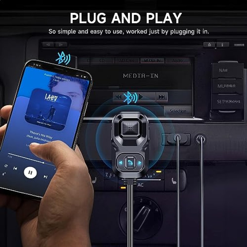 듀얼 마이크 및 소음 제거 기능을 갖춘 MUSE HiFi Bluetooth 5.3 차량용 어댑터, 핸즈프리 통화 및 스테레오 오디오용 플러그 앤 플레이 및 소음 필터가 포함된 AUX Bluetooth 차량용 키트…