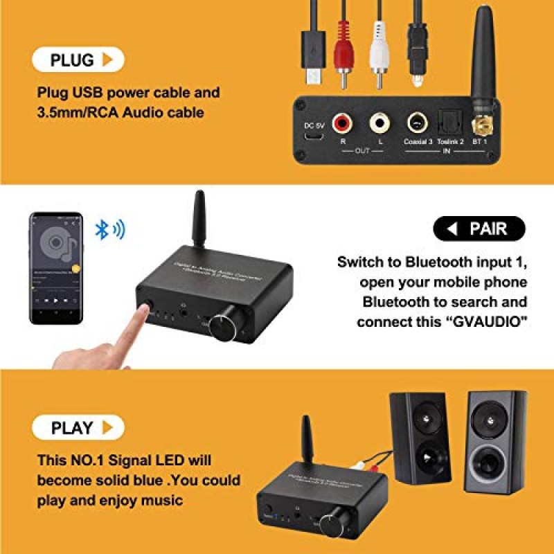 192kHz 디지털-아날로그 변환기 Bluetooth 5.0 수신기 DAC(16-300Ω 헤드폰 증폭기 포함) TV 전화 태블릿용 볼륨 조절 기능이 있는 RCA 3.5mm 오디오 출력에 대한 광/동축(일반, 기본)