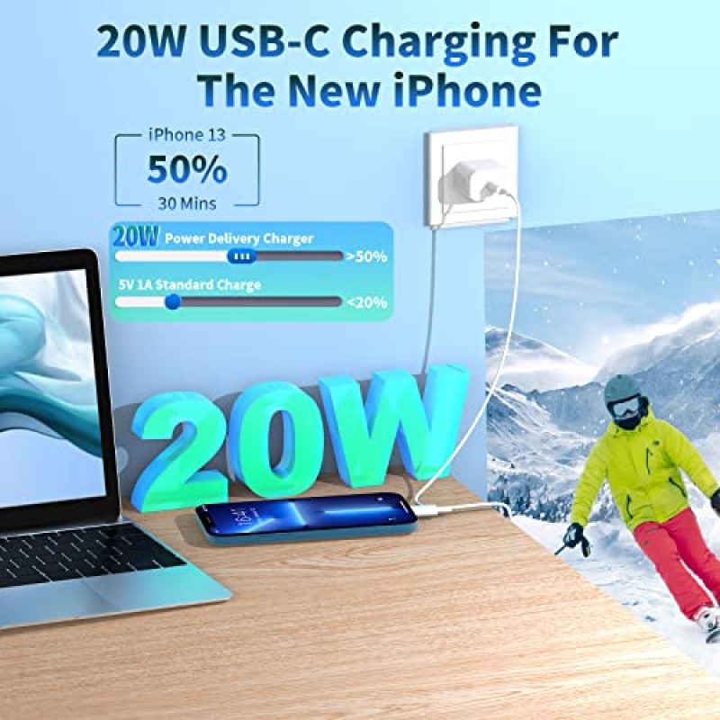 [Apple MFi 인증] iPhone 고속 차량용 충전기, Adeqwat 48W USB-C PD/QC 3.0 차량용 충전기(6FT 라이트닝 코드 2개 포함) + 20W PD iPhone 충전기 iPhone 14 13 12 11 Pro/XS/XR/SE/iPad용 고속 충전