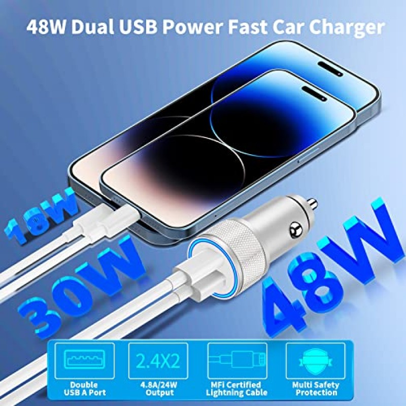 [Apple MFi 인증] iPhone 고속 차량용 충전기, Adeqwat 48W USB-C PD/QC 3.0 차량용 충전기(6FT 라이트닝 코드 2개 포함) + 20W PD iPhone 충전기 iPhone 14 13 12 11 Pro/XS/XR/SE/iPad용 고속 충전