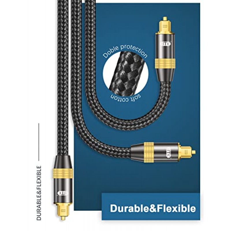 EMK 광 오디오 케이블 디지털 Toslink 케이블 - [내구성이 뛰어나고 유연한 나일론 브레이드 재킷] 홈 시어터, 사운드 바, TV, PS4, Xbox 등용 광섬유 코드(16.5피트/5m, 골드+블랙 시리즈)