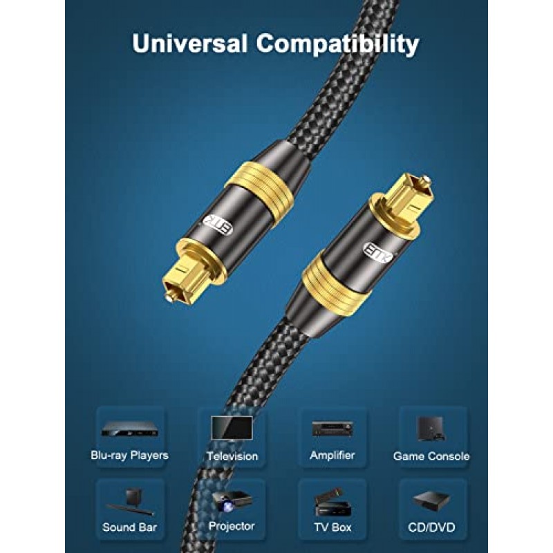 EMK 광 오디오 케이블 디지털 Toslink 케이블 - [내구성이 뛰어나고 유연한 나일론 브레이드 재킷] 홈 시어터, 사운드 바, TV, PS4, Xbox 등용 광섬유 코드(16.5피트/5m, 골드+블랙 시리즈)