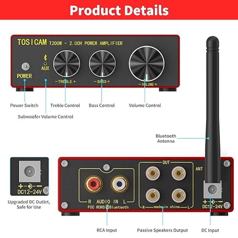 TOSICAM T200W 5.1 Bluetooth 스테레오 전력 증폭기 스피커용 홈 오디오 앰프 수신기 미니 Hi-Fi 클래스 D 통합 100W x 2 w 저음, 고음 제어 TPA3116(Qualcomm QCC3034)(w 24V/6A 전원)