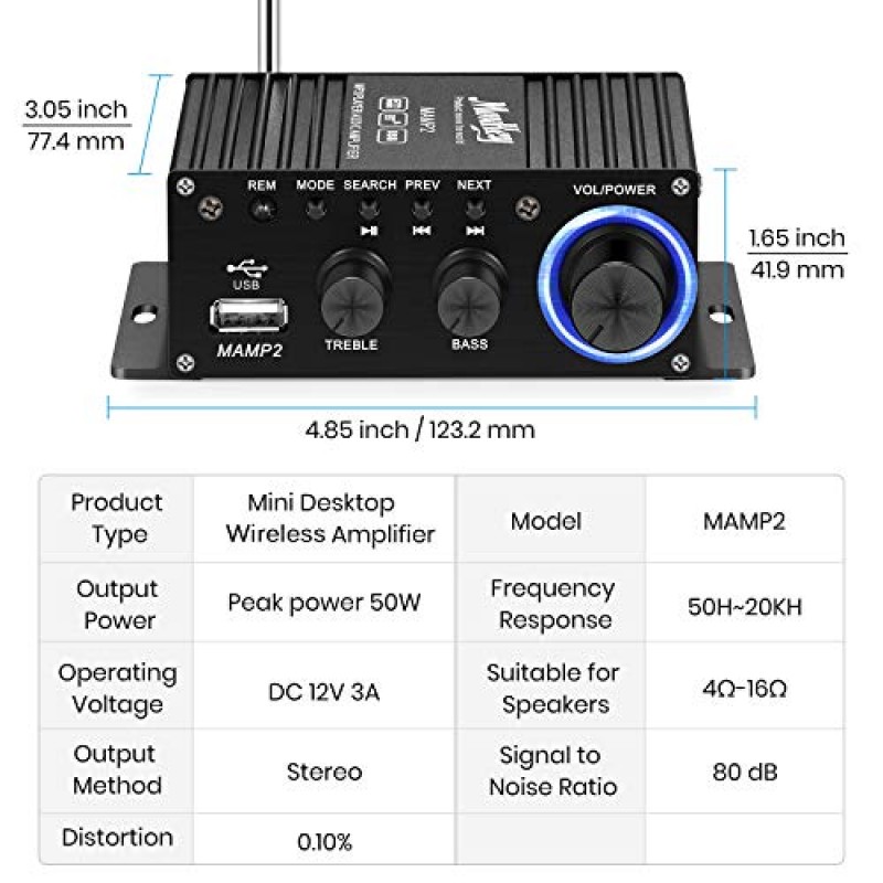 스피커용 Moukey 미니 앰프 홈 오디오 Bluetooth 5.0 - 50W 2 채널 전원 오디오 수신기 FM USB, AUX, 리모컨 포함, 차량용 가정용 전원 공급 장치, 태블릿, 전화, 컴퓨터 - MAMP2